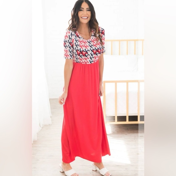 The Oksana Houndstooth Red Skirt Maxi Dress - Picture 1 of 9